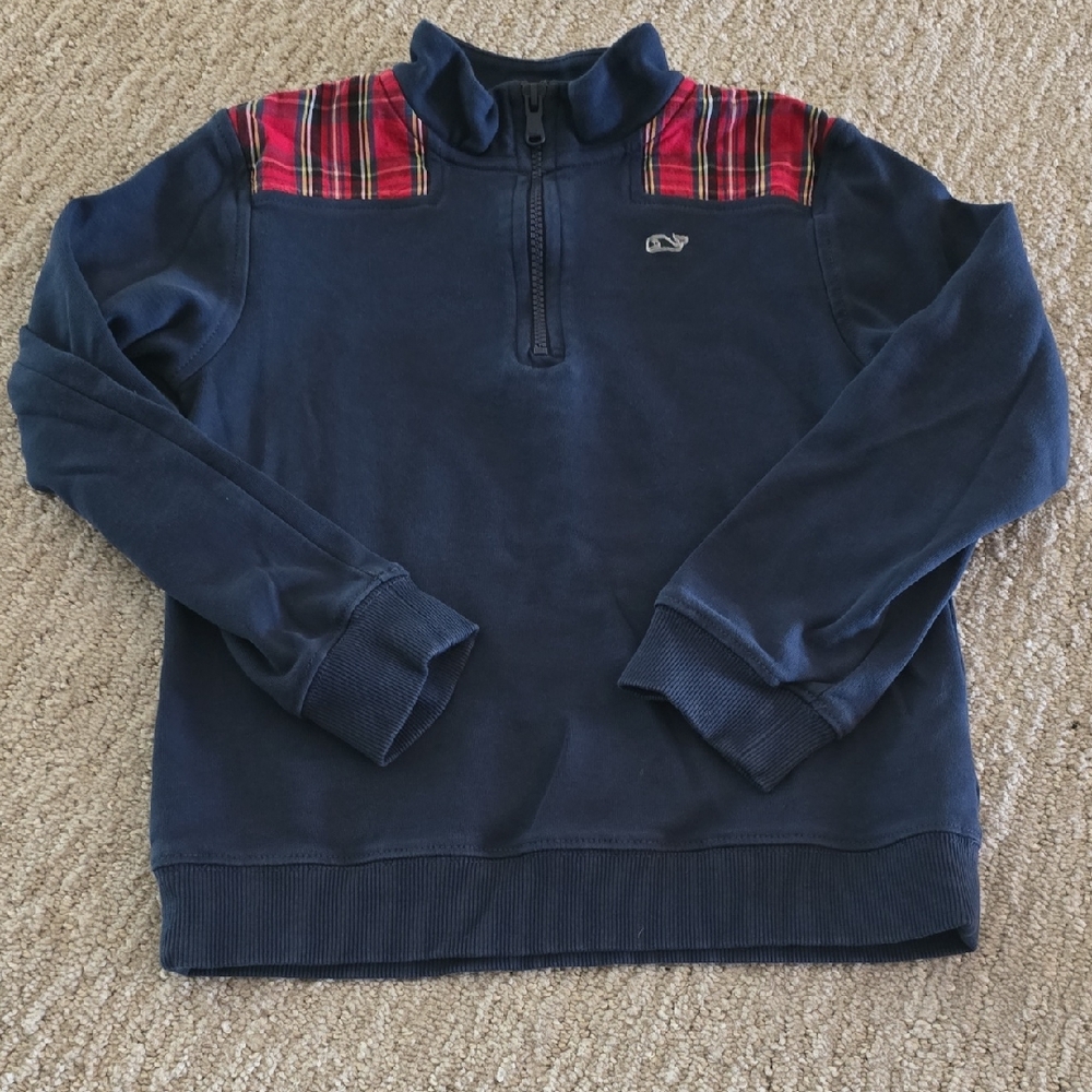 Boys Size Small Vineyard Vines Navy Zip-Up Sweater with Red Plaid Accents
